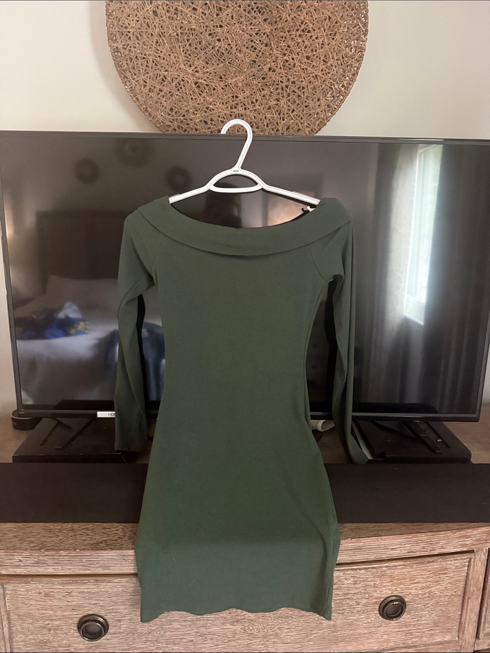 Amazon Off-Shoulder Long Sleeve Knit Dress in Olive